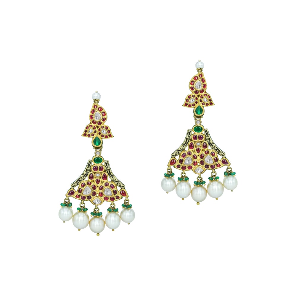 Polki Diamond Earrings with Red Stones, Emerald Beads & Pearls
